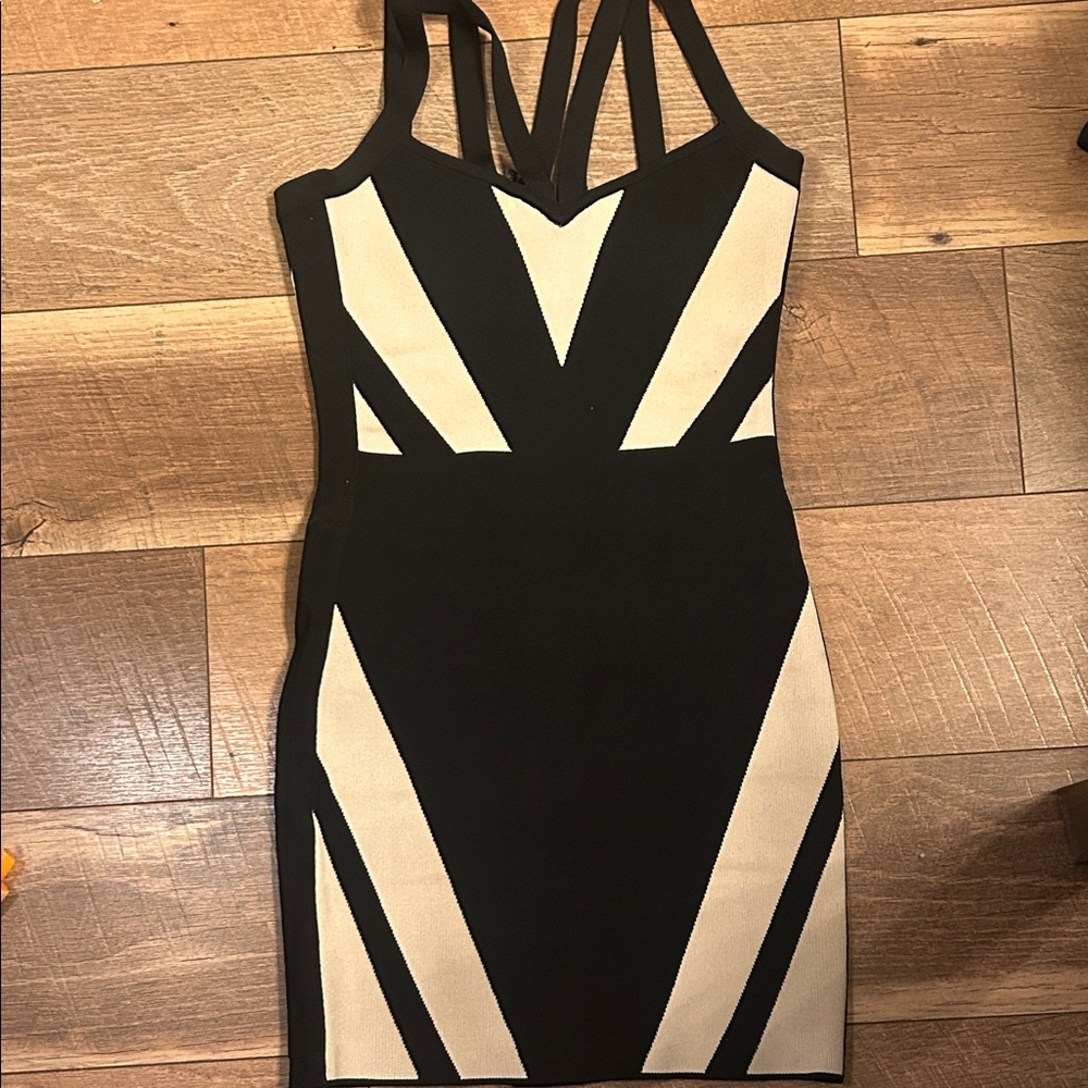 Marciano Black and Cream Geometric Mini Dress